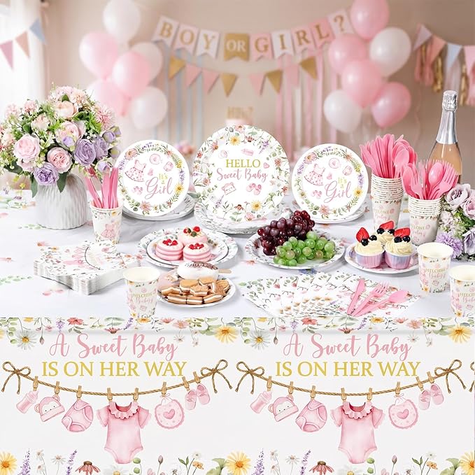 Pickmesh 194 Pcs Floral Baby Shower Girl Decorations for 24, Pink Baby Shower Paper Plates and Napkins Cups Tablecloth Cutlery for Spring Babys in Bloom It's a Girl Gender Reveal Party Supplies
