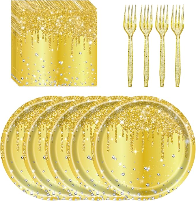72 Pcs Gold Glitter Paper Plates 7in Disposable Paper Dessert Plates Napkins and Forks Party Tableware Set Happy Birthday Table Decorations for 24 Guests Gold Birthday Anniversary Wedding Theme Party