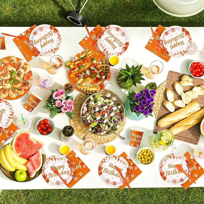 168Pcs Orange Happy Birthday Decorations Orange and White Plates and Napkins Cups Forks Disposable Bday Tableware Sets for Women Girls Kids Boys Men Birthday Baby Shower Party Supplies Serves 24