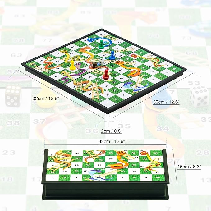 Snakes and Ladders Board Game Set -32 Centimeters, Magnetic Folding Travel Board Game for Kids (Large Size 12.6″x12.6″)