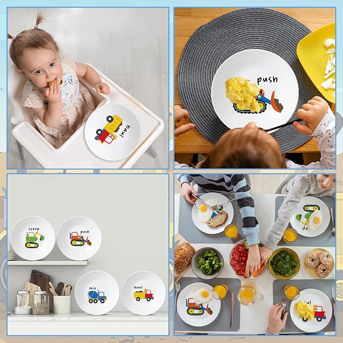 4 Set 10 Inch Construction Truck Plates Melamine Construction Truck Dinnerware Set Reusable Baby Shower Vehicle Melamine Plate Dishwasher Safe for Toddlers Creatively Drop Resistant Cute Plastic Dish