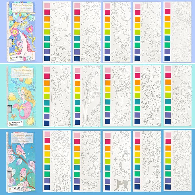 3pack Watercolor Painting Coloring Books, Paint with Water Arts & Crafts Kit for Kids, Pocket Watercolor Paint Bookmarks, Class Activities Art Supplies Party Favors Birthday Gift for Boys and Girls