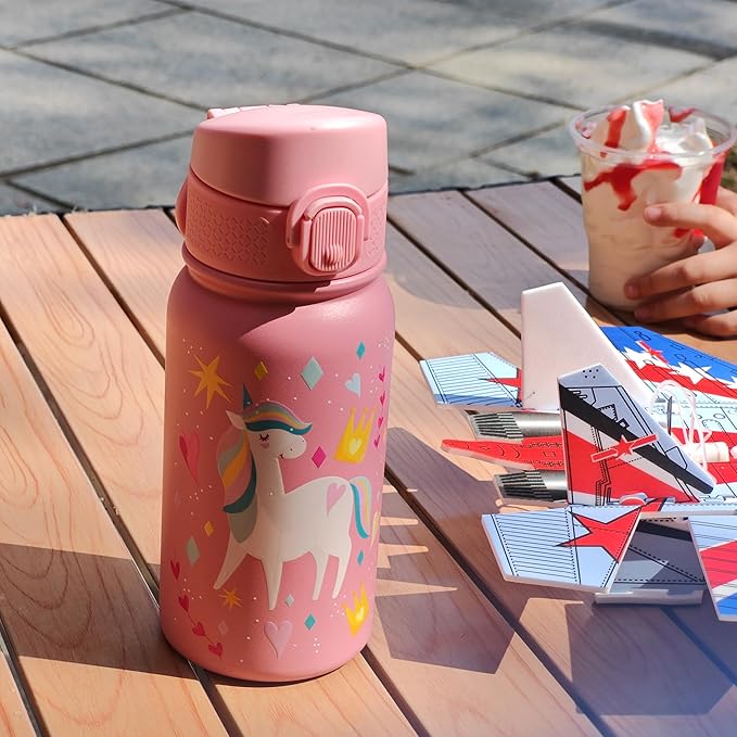 OLDLEY 12oz Kids Water Bottle, Stainless Steel Insulated Water Bottle For Kids, With Straws Leak-proof, Kids Water Bottles For School Boys Girls,Unicorn
