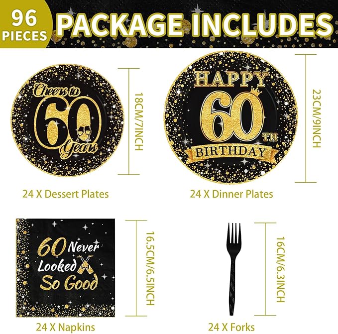 Grencian 96Pcs 60th Birthday Party Decorations Vintage 1966 Birthday Plates and Napkins Black and Gold Tabeware Sets Cheers to 60 Years Decorations for Mens Womens 60 Year Old Party Supplies Serves 24