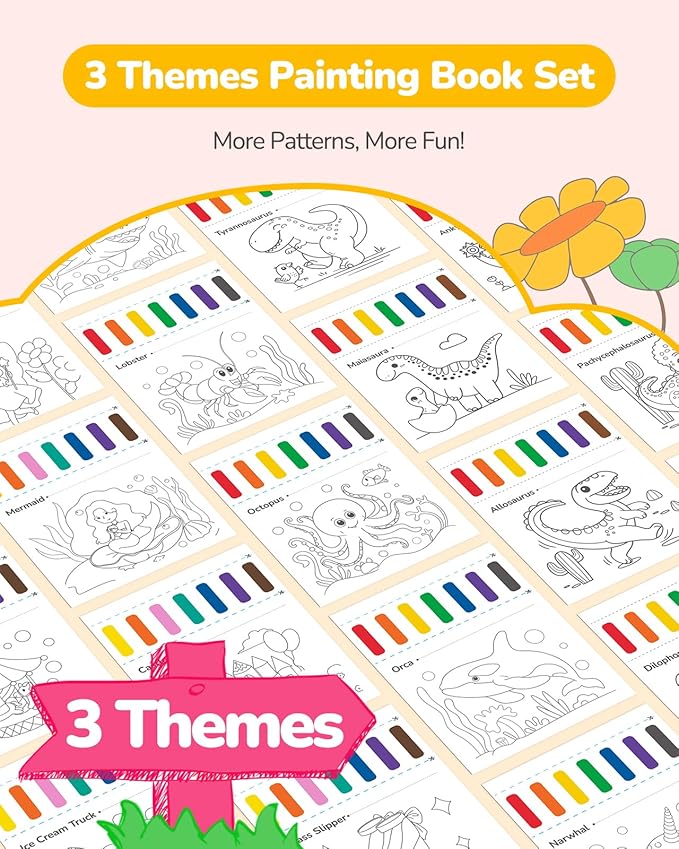 TECJOE 3 Pack Paint with Water Coloring Books for Toddlers, Mess Free Watercolor Painting Set with 6 Brushes, Travel Art Craft Activities Toy Birthday Gifts for Kids Ages 3-8, Princess, Dinosaur & Sea