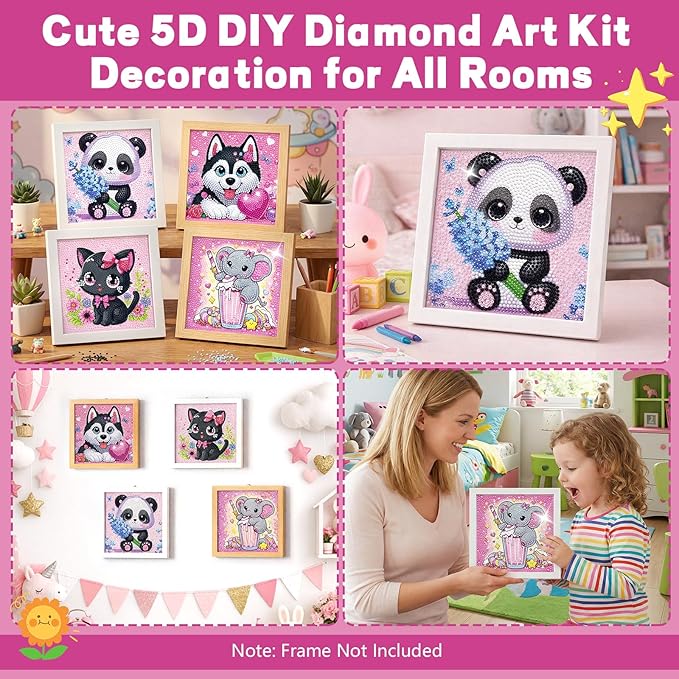 GIFOHAPY 4 Pack Diamond Art Kits for Kids, 5D Cute Animal Diamond Painting Kit for Beginners, Gem Art Crafts By Number for Boys Girls Ages 6-8-12-14,Home Wall Decor Gift 6X6“ (XY312+283+308+211)