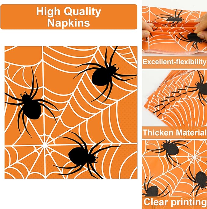 100 Pcs Spiderweb Party Plates and Napkins - Black and White Halloween Tableware Set for 25 Guests