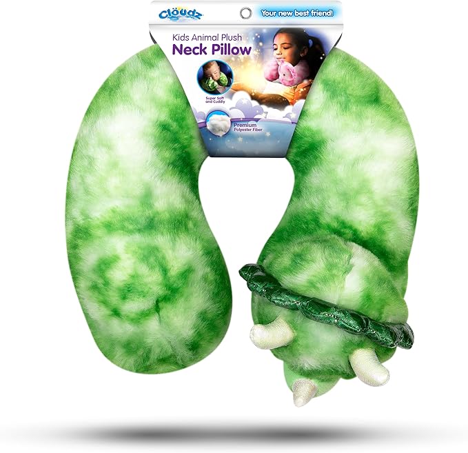 Cloudz Kids Super Soft N' Cuddly Animal Airplane Travel Neck Pillow! Keep Children Comfy and Supported with a Buddy While Traveling or just Resting at Home - Green Dino