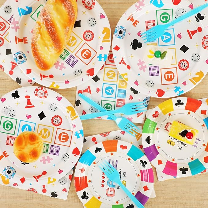 96 Pcs Family Game Night Party Plates Napkins Tableware Set Gaming Supplies Disposable Dinnerware Video Game Decoration Favors for Kids, 24 Guests