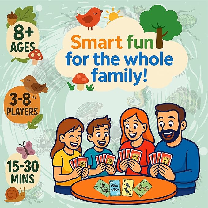 Wild Four – Family-Friendly Trick-Taking Card Game with Bugs, Birds, Fish, And Mammals - Easy Rules, No Pen And Paper Required - Gifts For Animal Lovers - Ages 8+, 3-8 Players, 20 Mins