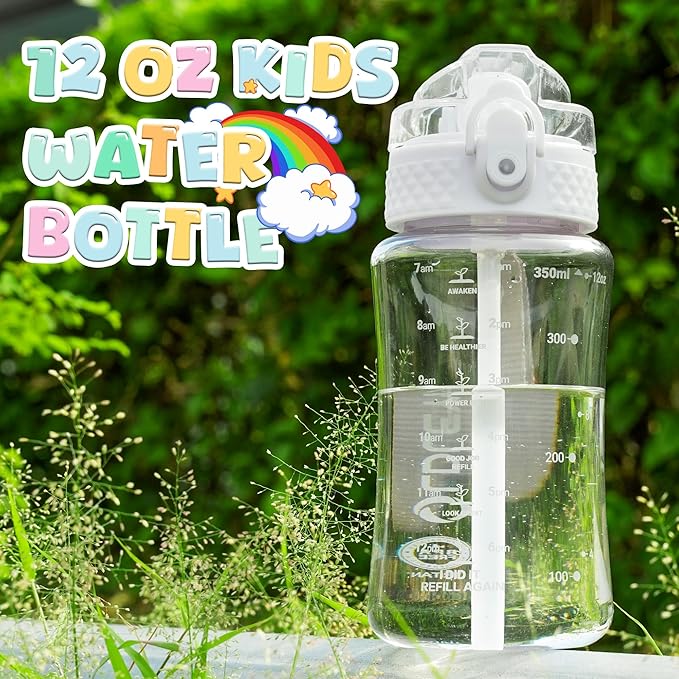 OLDLEY Kids Water Bottle for School, 12 oz (2 lids) BPA-Free Reusable Leak-proof Durable Tritan Plastic Water Bottles with Straw & Chug Lids, Anti-dust Spout Cover (Clear)
