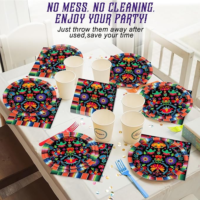 100PCS Mexican Fiesta Party Plates and Napkins Party Supplies Mayo Mexico Mexican Tableware Dinnerware Set Decorations for Dia De Los Muertos Day of The Dead Dance Pinata Colorful Ponchos Serves 25