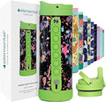 Elemental Iconic Kids Water Bottle with Straw Lid & Stress Relief Pop It Handle, Leak-Proof When Closed, Triple Insulated Kids Stainless Steel Water Bottle For Girls and Boys, 14oz -Green Splatter