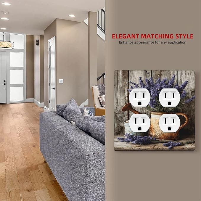 Rustic Flowers Lavender Purple Floral Oil Painting Outlet Covers 2 Gang Double Duplex Decorative Light Switch Covers Electrical Wallplates Socket Faceplate for Farmhouse Bedroom Decor