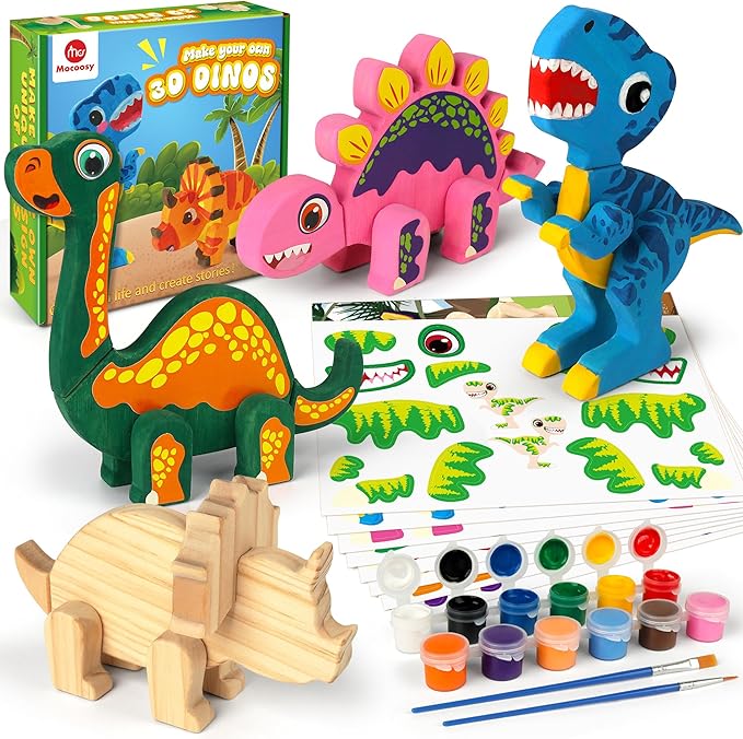 Mocoosy Wooden Dinosaur Painting Art and Craft Kit for Kids 3-5, Build & Decorate Your Own Dinos with Paint & Stickers, Wood Dinosaur Builder Game Montessoi Educational Toy Gift Toddler Boys Girls 4-8