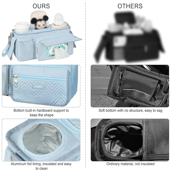 Universal Stroller Organizer with Insulated Cup Holders,Large Capacity Non-Slip Stroller Caddy Bag Fits for Uppababy/Doona/Jogger/Britax/Mompush/BoB with Anti-Sag Hard Bottom and Wet Wipes Pocket