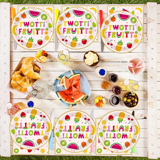 Qyeahkj 48Pcs Twotti Frutti Paper Plates and Napkins Summer Fruit 2nd Birthday Party Decorations Second Birthday Party Supplies Summer Fruit Disposable Tableware Set for Kids Boys Girls Serve 24