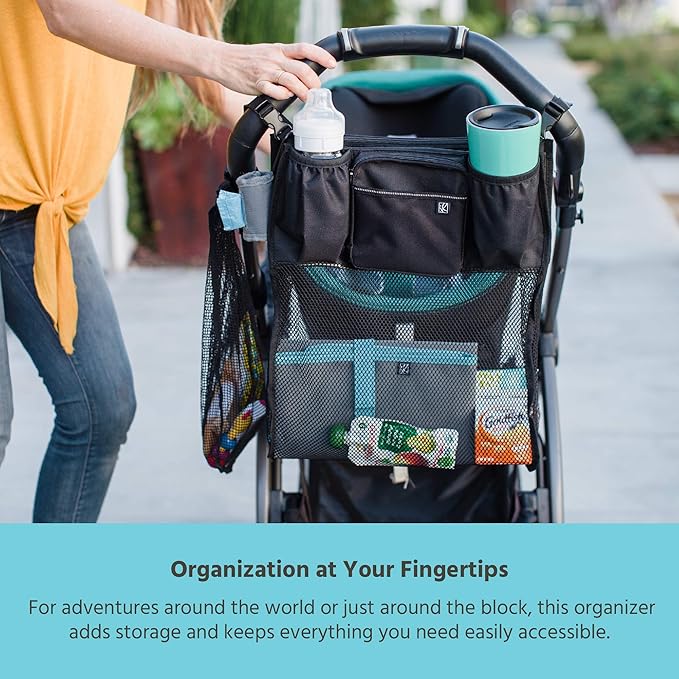 J.L. Childress Cups 'N Cargo Universal Stroller Caddy Organizer - Essential Travel Accessories for Baby Stroller, Includes Cup Holders & Mesh Storage Bag, Fits UPPAbaby, Doona, Nuna, & More - Black