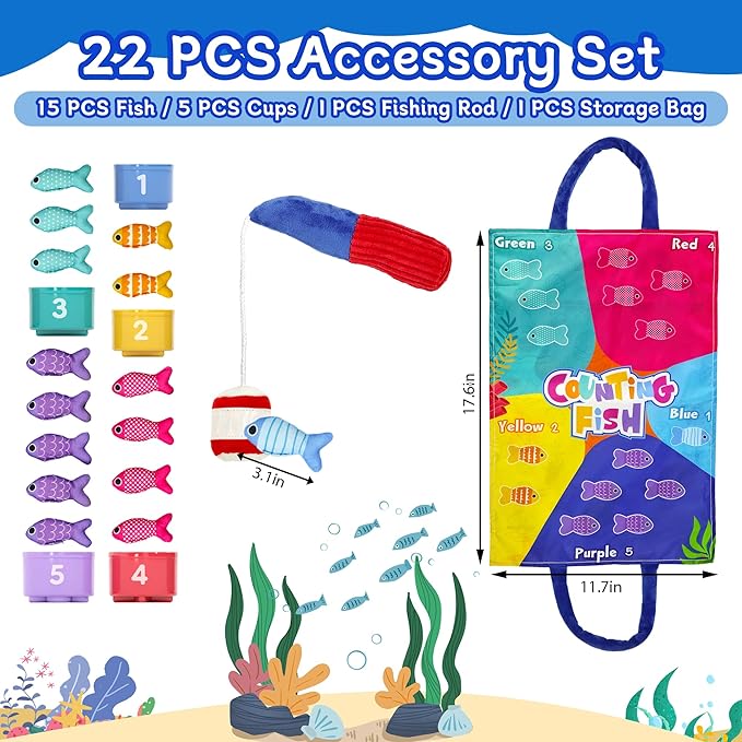 Montessori Toys for 1 Year Old, Cloth Fishing Game for Babies 6–18 Months, Soft Learning Toy with Stacking Cups, Fine Motor Skills & Color Recognition for Boys & Girls