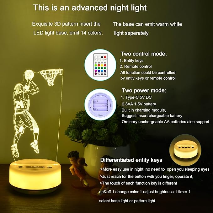 Basketball Night Light for Kids, Basketball Gift for Sports Players Fans, Decor Bedside Lamp for Bedroom/Office, 5 Buttons and Remote Control 14 Colors, Timer, Dim, Independent Warm White Lamp Base
