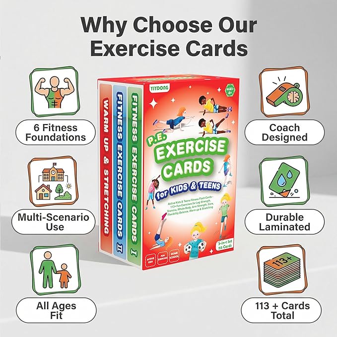 Kids Exercise Cards - 113 Fun PE Flash Cards for Kids & Teens, Workout Activities for Beginners at School and Family, Mindful Sensory Play Activities, Self Regulation Classroom Therapy, Brain Breaks