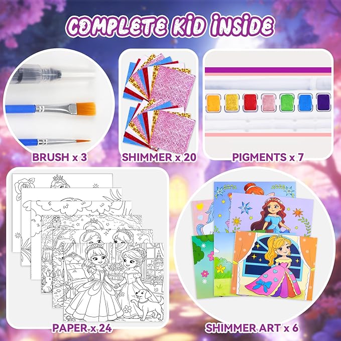 CHICAUP Paint with Water Coloring Books & Shimmer Art Kit for Kids, Princess Themed Arts and Crafts Set with Watercolor Painting Kit, Travel Art Supplies for Girls Ages 4-8 Birthday Christmas Gift