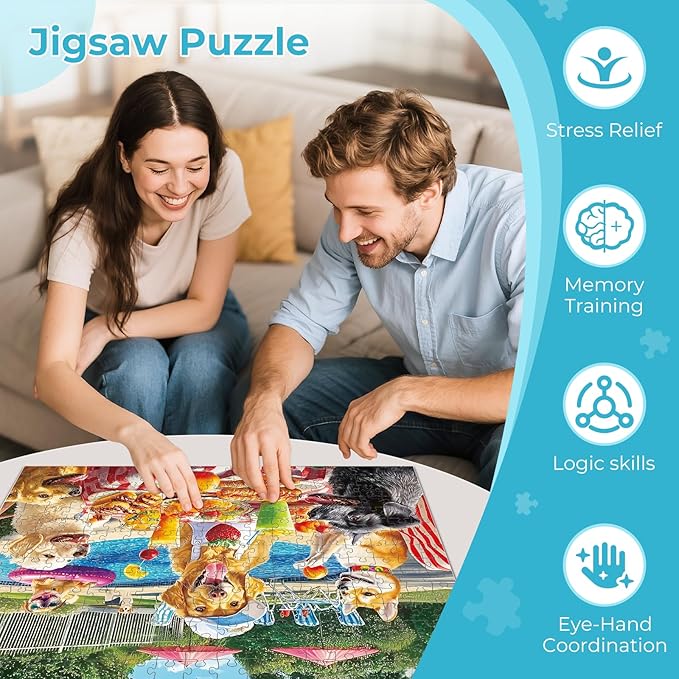 300 Pieces Puzzles for Adults,Summer Dog Pool Party & Food Puzzle,Large Puzzles Pieces for Seniors,Fun Puppy Jigsaw Puzzles for Kids Ages 8-10,Challenging Family Games,Holiday Party Gifts,20.5 x 15 In
