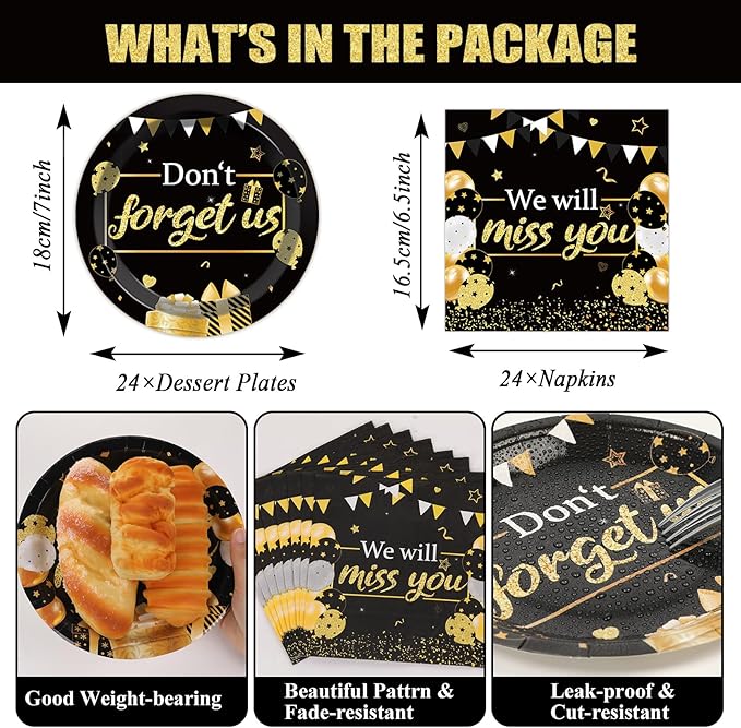 We Will Miss You Party Decorations Serve 24 Guests Going Away Party Disposable Plates Napkins Tablecloth Farewell Dinner Tableware Black and Gold Goodbye Party Supplies for Leaving Retirement Party