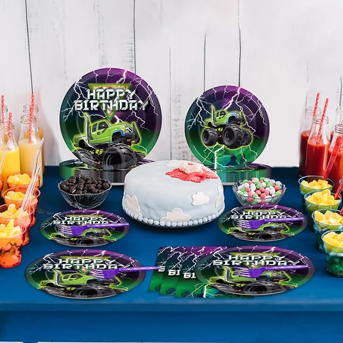 CHUNNIN 96 PCS Monster Truck Plates and Napkins for Birthday Party Supplies Monster Truck Racing Car Theme Paper Dessert Plates Green Purple Tableware Set for 24 Guests Kids Birthday Party Decorations