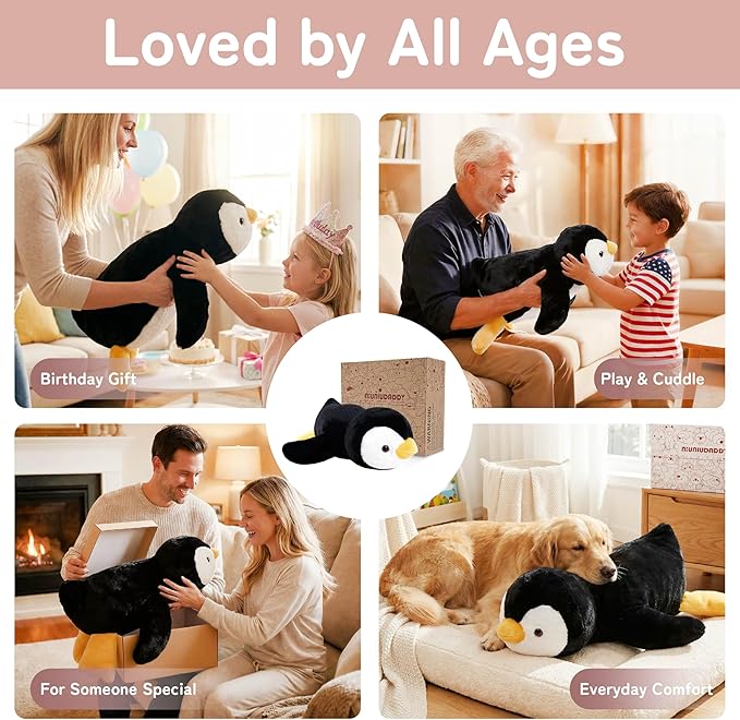 Niuniu Daddy Penguin Weighted Stuffed Animals for Kids & Adults, 20" | 3.3lb Large Weighted Plushies Pillow for Sleeping and Calming, Cute Lying Plush Toy Huggable Gift for Everyday Comfort