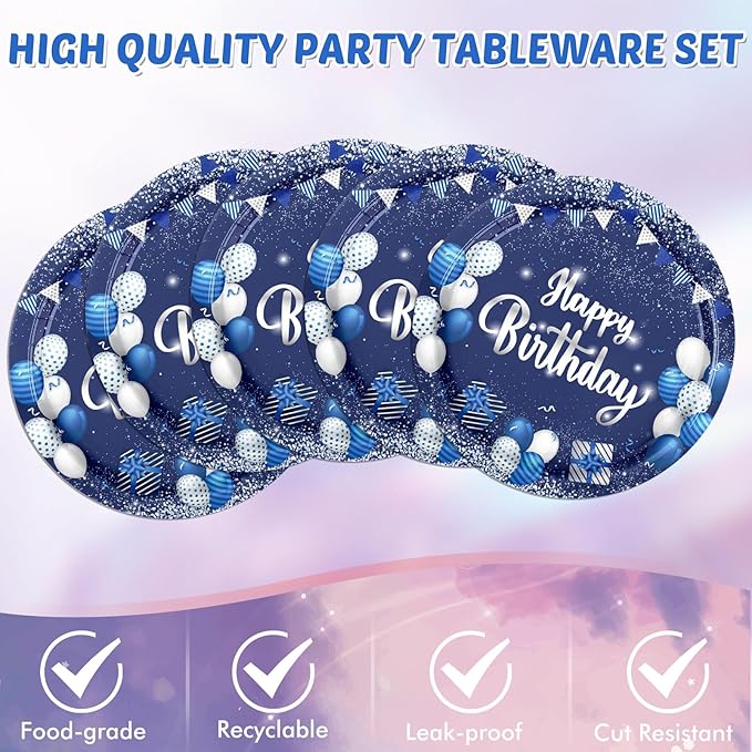 Navy Blue and Sliver Birthday Decorations Happy Birthday Party Tableware Set Happy Birthday Tablecloths and Plates Napkins Party Dinnerware for Men Women Kids Birthday Party Supplies
