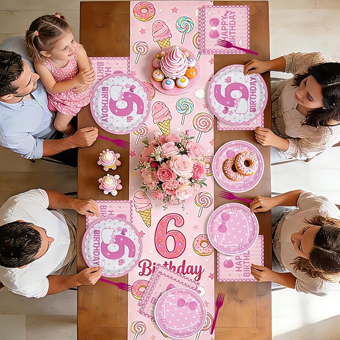 96 Pcs Pink Kitten 6th Birthday Decorations Pink Cat Plates and Napkins Disposable Tableware Set Cute Cartoon 6th Birthday Decoration for 6 Years Old Girl Cat Theme Birthdays Party Supplies Serves 24