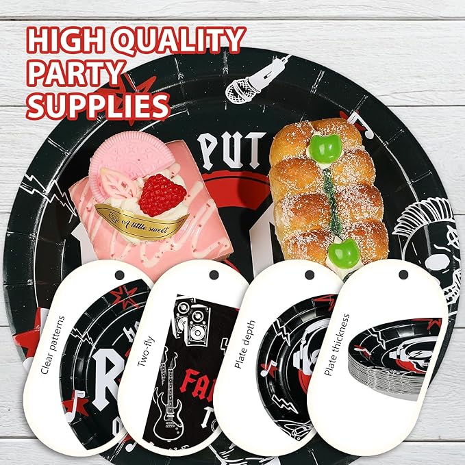 96Pcs Rock and Roll Party Decorations He Put A Rock On It Plates and Napkins Rock N Roll Tableware Sets for Boys Girls Bachelor Rockstar Guitar Music Theme Born to Rock Party Decorations Supplies