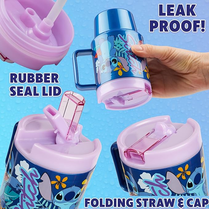 Get Trend Disney Stitch Kids Water Bottle with Straw 16.9 oz BPA Free Plastic Leakproof Cup with Lid Handle Reusable Drinking Tumbler Gifts for Kids (Blue Stitch)
