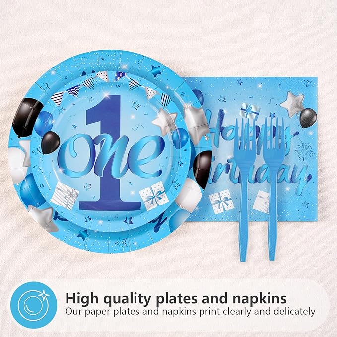 96Pcs Blue 1st Birthday Party Decorations Mr Onederful Plates and Napkins Baby Boy Happy Birthday Tableware Set Supplies for One Year Old Baby Shower Holiday Party Favors Serves 24