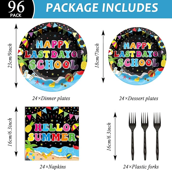 96 Pcs Happy Last Day of School Paper Party Plates and Napkins for Summer Vacation Supplies Summer End of School Year Theme Dessert Tableware Set for 24 Guests Birthday Party Decorations