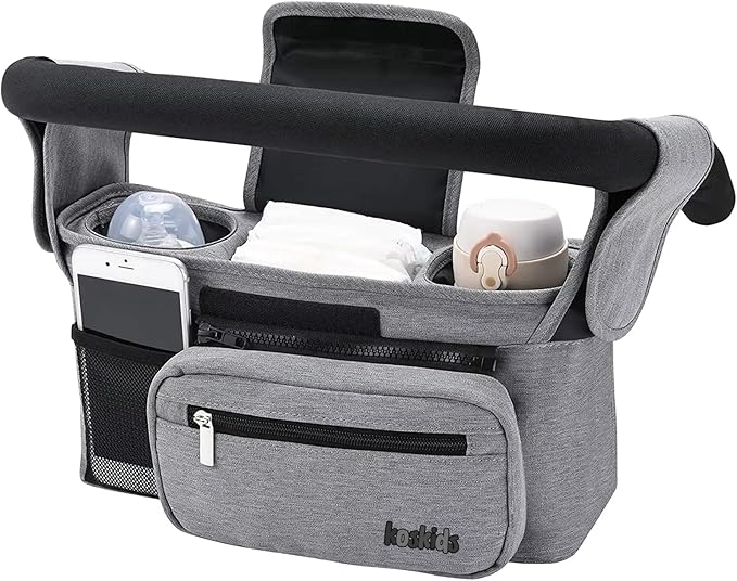 Universal Stroller Organizer with Insulated Cup Holder, Detachable Phone Bag, Shoulder Strap – Fits All Stroller Types, Keeps Drinks Hot/Cold (Grey)
