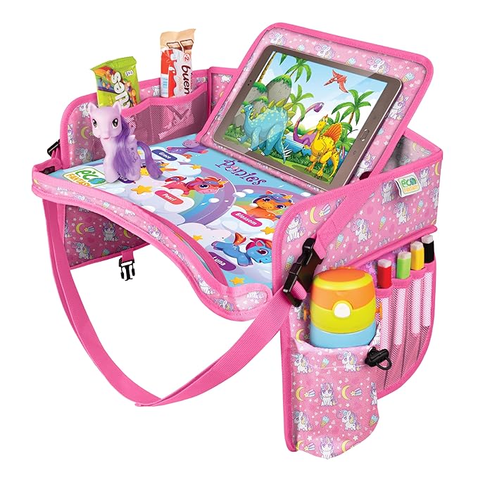 Kids Travel Tray - Waterproof Lap Table with No-Drop Large Tablet Holder - Car Seat Tray - Road Trip Essentials Kids - Car Desk Organizer for Airplane - Toddler Travel Essentials (UNICORN)