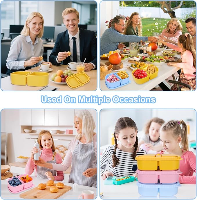 3 Pack Reusable Silicone Snack Containers with Lids, Mini Containers 2 Compartments, Portable Silicone Food Storage Box for Picnic, School lunch, adults Offic, party