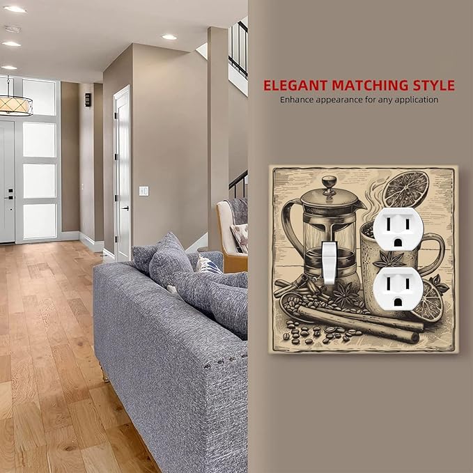 Light Switch Cover Plate Beige Vintage Rustic Coffee Beans Spice 2 Gang Decorative Switch Plates 1 Toggle Duplex Combo Outlet Covers GFCI Wall Plates for Kitchen Coffee Bar Decor