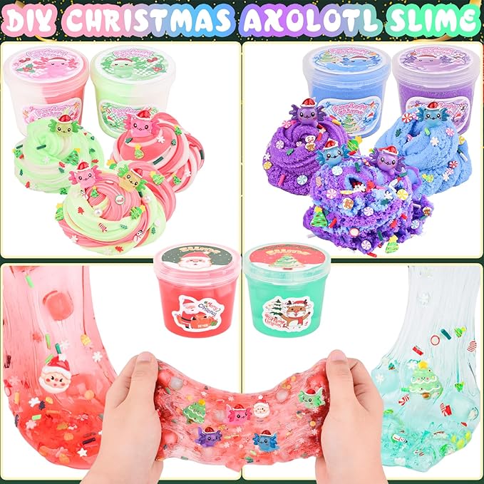 Christmas Slime Kit for Kids - 6 Pack Axolotl Slime with Butter, Cloud & Crunchy Jelly Cube Textures. Soft & Non-Sticky, Birthday Gifts, Xmas Stocking Stuffers & Party Favors for Girls and Boys