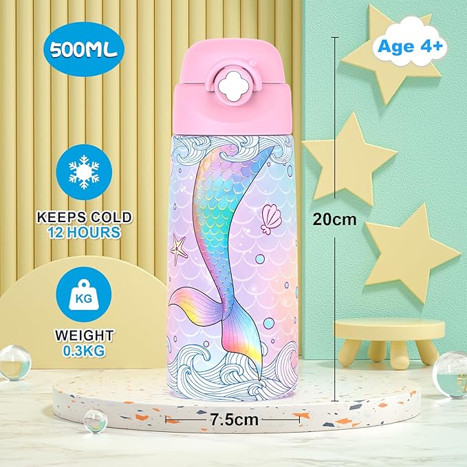 Girls Insulated Water Bottle with Covered Pop-Up Straw,16 oz Kids Cups with Stainless Steel Leak Proof for School Pink（Mermaid）