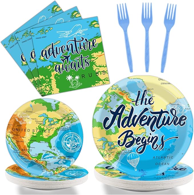 Wiooffen 96 Pcs Adventure Awaits Party Supplies Travel Map Birthday Plates Napkins Forks for Birthday Retirement Going Away Bon Voyage Paper Tableware Set Adventure World Party Decorations 24 Guests