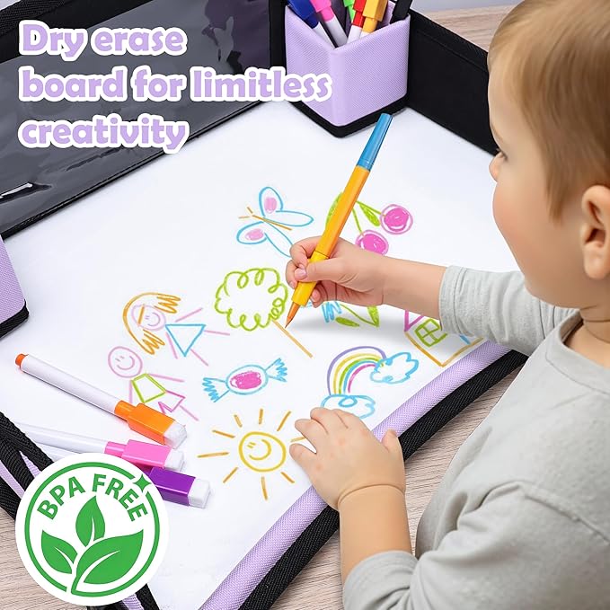 Kids Travel Tray for Toddler Carseat, Road Trip Activities Essentials for Toddler, Kids Lap Desk Tray with Tablet Holder Stand ＆ Dry Erase Board (Purple)