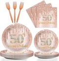 96 Pieces 50th Birthday Tableware Set for Pink Rose Gold 50th Birthday Table Decorations Supplies Pink Rose Gold Happy 50 Years Old Dessert Paper Plates Napkins Forks for 24 Guests Women Supplies