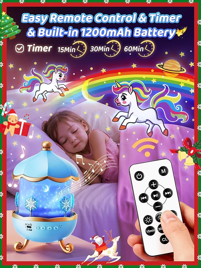 PIKOY Night Light Snow for Kids, 15 White Noise+16 Films+336 Colors Star Projector for Kids, 360°+Remote+Cordless Baby Night Light Projector, Princess Toys for Girls Room Decor Light
