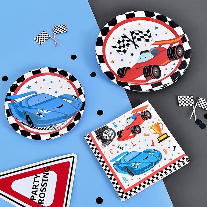 WERNNSAI Race Car Party Supplies - 48PCS Checked Racing Party Plates Napkins Disposable Tableware Set Race Car Birthday Decorations for Boys Birthday Baby Shower Decorations Serves 16 Guests