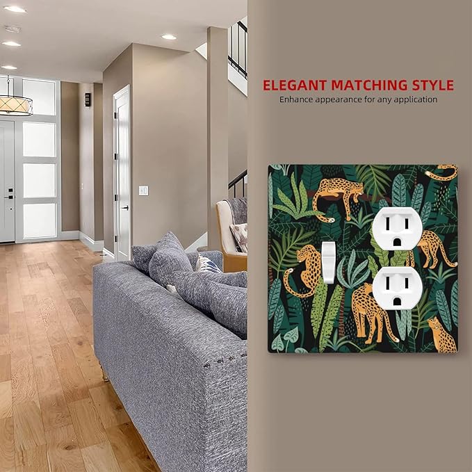 Jungle Cheetah Tropical Wildlife Leopard Green Palm Leaf Wallplates 1 Toggle 1 Duplex Switch Plate Electrical GFCI Faceplate Decorative Light Switch Covers for Farmhouse Home Decor