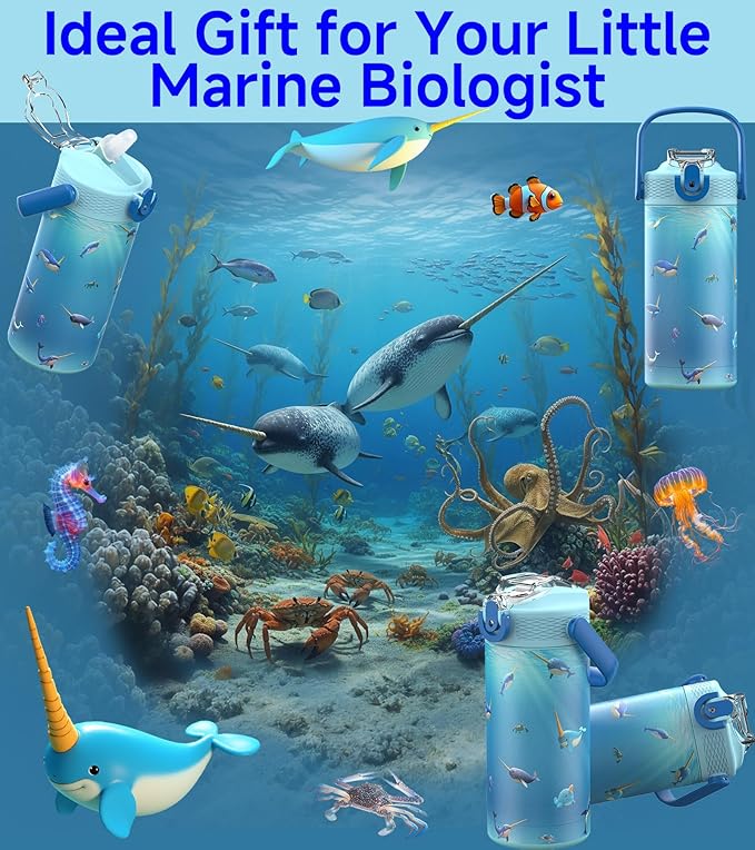 MYFOREST 14oz/400ml Insulated Kids Water Bottle, Odor-Free Surgical Grade Liner, Dishwasher-Safe, Name Spot, Soft Sipper, Gift for Thalassophile (Ocean. Narwhals)