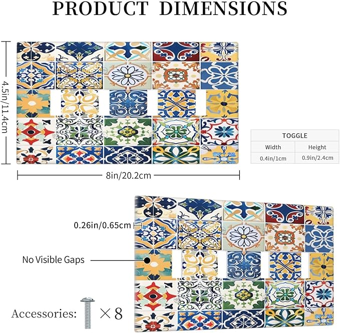 Light Switch Covers Moroccan Traditional Mexican Talavera Til Quad Toggle Electrical Faceplate 4 Gang Wall Plate Decorative Switch Plates for Kitchen Home Decor